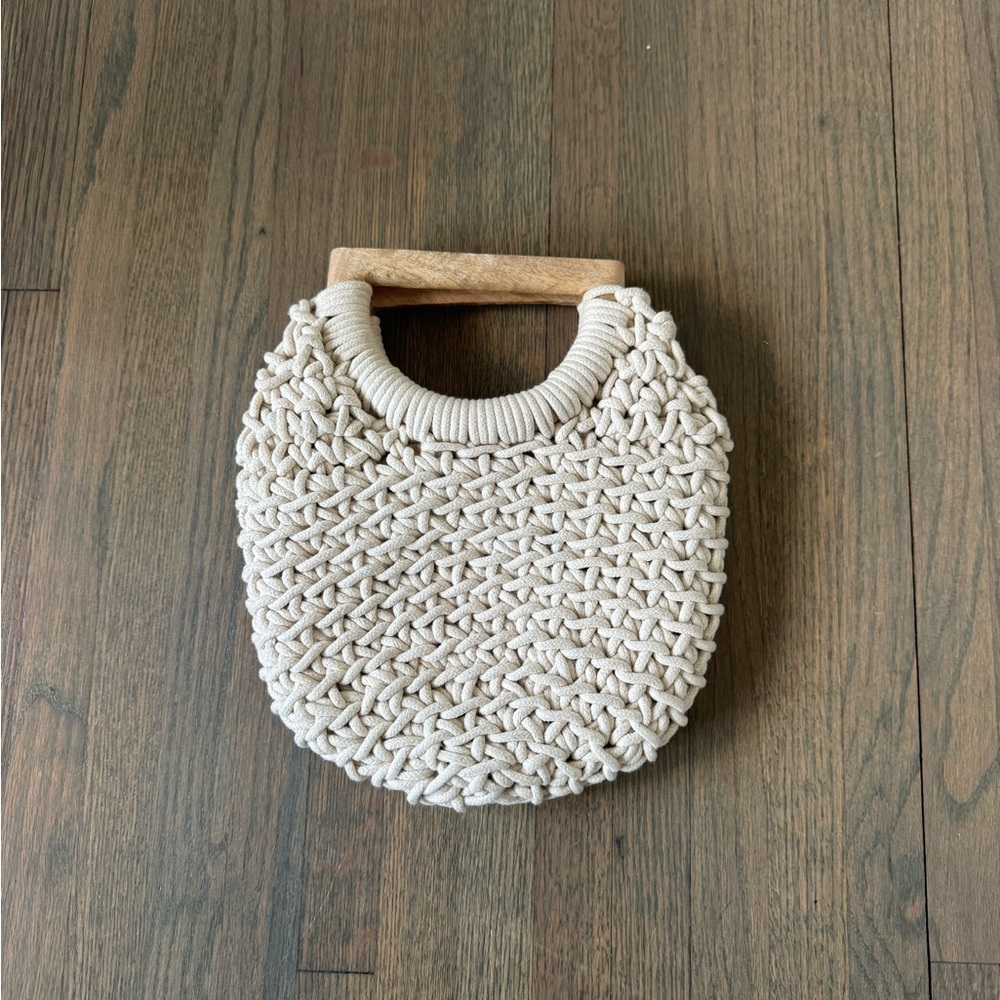 Cream Knit Clutch with Wooden Handles